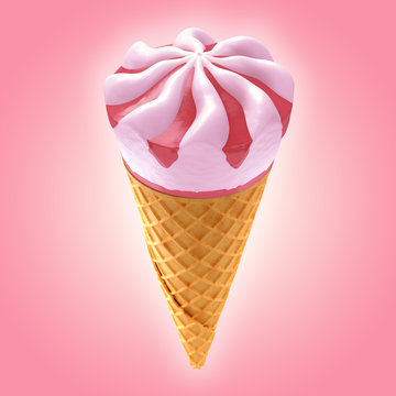 strawberry ice cream cone on background