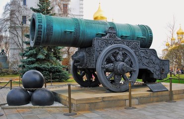 View of Tsar Cannon (King Cannon) in Moscow Kremlin in winter. Moscow Kremlin is a popular touristic landmark. UNESCO World Heritage Site.