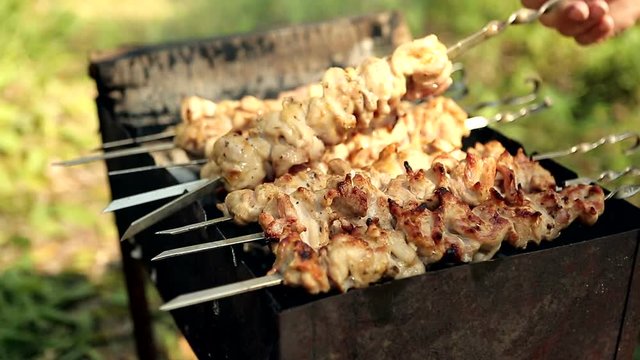 Barbecue skewers with meat on brazier. Grill chicken shish kebab