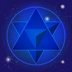 Sacral geometry spirituel pattern with tetrahedron in triangle and in the rounde. Magic symbol on universe backgroun.Cosmic pyramid in deep blue sky.