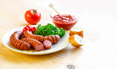 Roasted sausage with bread, herbs, sauce and tomatoes  on white and wood board for text