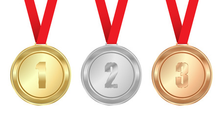 Vector medals gold silver bronze with red ribbon