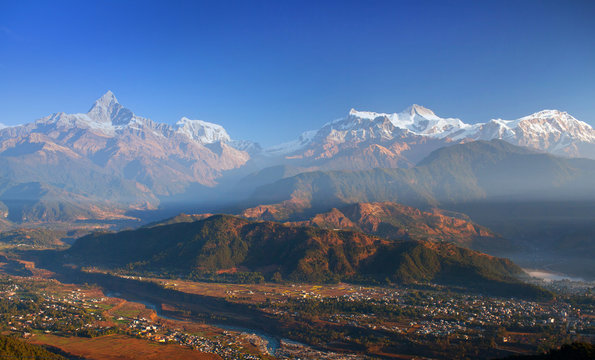 Panorama of Himalayas from Sarangkot hill, Pokhara, Nepal