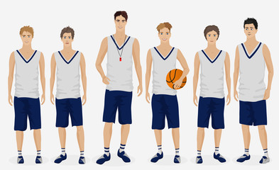 Young guys school basketball team with coach trainer. Vector illustration.