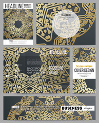 Set of business templates for presentation, brochure, flyer or booklet. Golden microchip pattern on dark background with connecting dots and lines, connection structure. Digital scientific vector