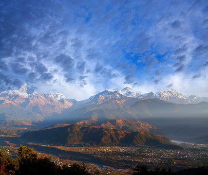 View of the Himalayan mountains from Sarangkot hill, Pokhara, Nepal