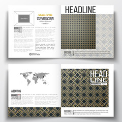 Set of square design brochure template. Islamic gold pattern with overlapping geometric shapes forming abstract ornament. Vector stylish golden texture on black background.