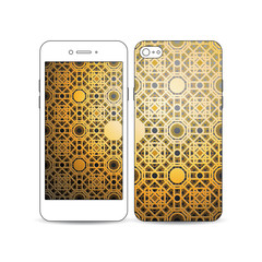 Mobile smartphone with an example of the screen and cover design isolated on white background. Islamic gold pattern, overlapping geometric shapes forming abstract ornament. Vector stylish golden