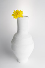 Still life composition of white pottery vase and yellow flower on white background