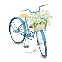 Watercolor hand drawn blue bicycle with beautiful flower basket. Illustration isolated on white background - 115099932