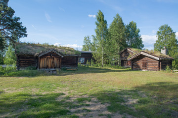 Fototapeta na wymiar An old historic houses with grassroofs in Elverum, Norway