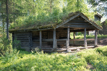 An old historic houses with grassroofs in Elverum, Norway