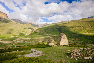 The medieval cemetery of ancient Alans near the village of Upper Chegem. Northern Caucasus, Russia.