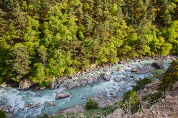 landscape with mountains trees and a river in front