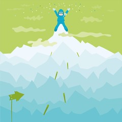 Naklejka na ściany i meble Climber on top of a mountain. This illustration shows a strong-willed qualities of character, it is a picture - the motivation to success!