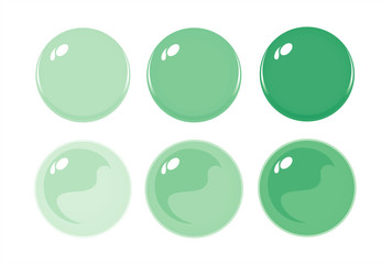Illustration of icon bottons isolated on white. Set of Green color labels, 6 bottons. Graduation color. Glass balls. Vector 