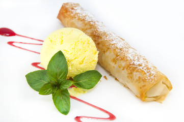strudel with ice cream on a white background