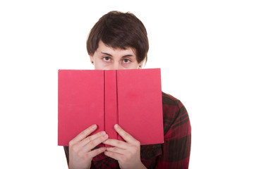 Young woman with a book, isolated on white