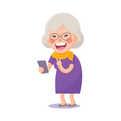 Vector Illustration of Happy Grandma Selfie on Smart phone Isolated  on White Background, Cute Cartoon Character