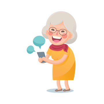 Vector Illustration of Happy Grandma Using Smart phone Isolated  on White Background, Cute Cartoon Character