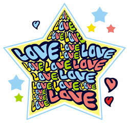Humorous emblem with word "love". Original custom hand lettering. Design element for greeting cards, invitations, prints.