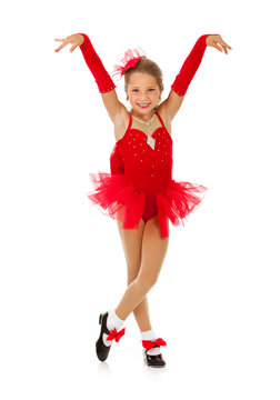Dancer: Little Girl Performer Strikes Finish Pose In Costume