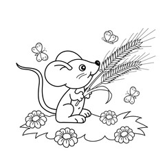 Coloring Page Outline Of cartoon little mouse with spikelets in the meadow with butterflies. Coloring book for kids