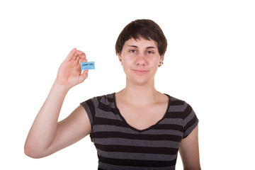 Young woman holding a raffle ticket