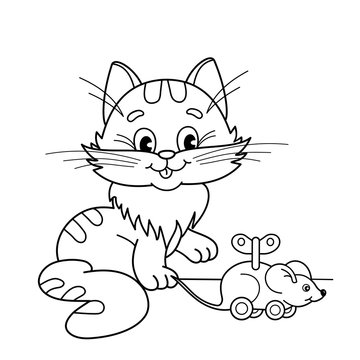 Coloring Page Outline Of cartoon cat with toy clockwork mouse. Coloring book for kids