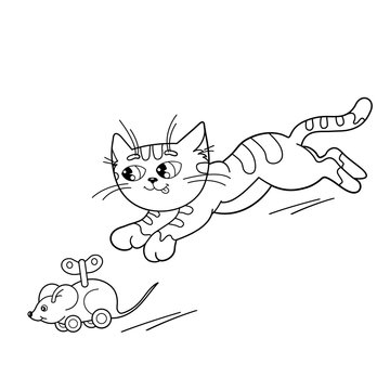 Coloring Page Outline Of cartoon cat playing with toy clockwork mouse. Coloring book for kids