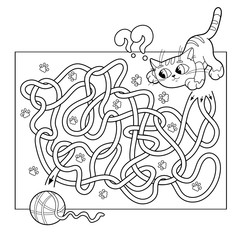 Cartoon Vector Illustration of Education Maze or Labyrinth Game for Preschool Children. Puzzle. Tangled Road. Coloring Page Outline Of cat with ball of yarn. Coloring book for kids. 