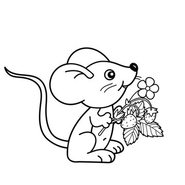 Coloring Page Outline Of cartoon little mouse with strawberries. Coloring book for kids
