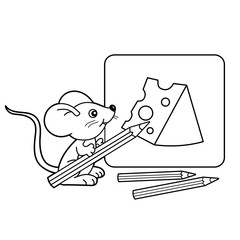 Coloring Page Outline Of cartoon little mouse with pencils with Drawing cheese. Coloring book for kids