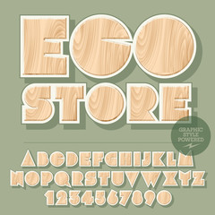 Vector set of alphabet letters, numbers and punctuation symbols. Wooden emblem for ecology activity with text Eco store. File contains graphic styles