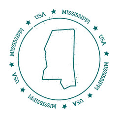 Mississippi vector map. Retro vintage insignia with US state map. Distressed visa stamp with Mississippi text wrapped around a circle and stars. USA state map vector illustration.