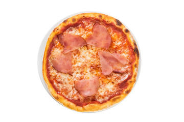 Top view of delicious pizza with prosciutto isolated