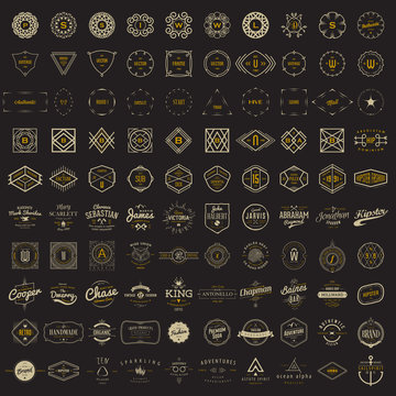 Vector logo, label, monogram, insignia bundle templates. 100 elements in classic, retro, vintage, hipster styles.