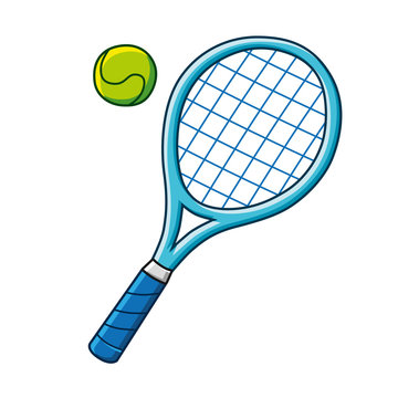 Blue tennis racket and a tennis ball vector icon.