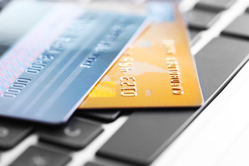 Credit cards on keyboard, closeup