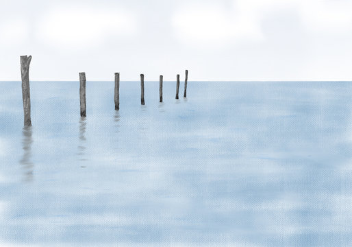 Abstract painted wooden pillars in the sea with reflections