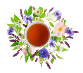 Cup of tea with fresh flowers lying around on white background
