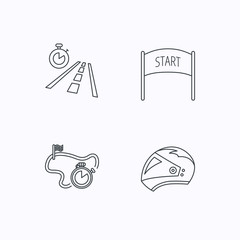 Fototapeta premium Motorcycle helmet, race timer and travel time.