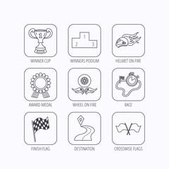 Winner cup and award icons. Race flag signs.
