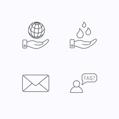 Mail, save water and faq speech bubble icons.