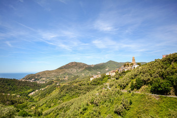 Fototapeta na wymiar Cinque Terre: View to village Legnaro and coastline with Levanto, Liguria Italy Europe