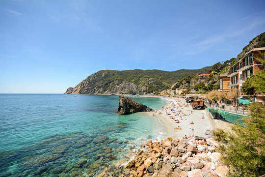 Cinque Terre: View to the beach of Monterosso al Mare in early summer, Liguria Italy Europe