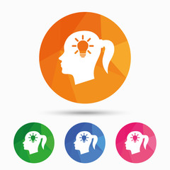 Head with lamp bulb sign icon. Female woman head