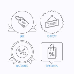 Discounts, gift bag and sale coupon icons.