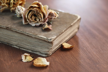 Dried rose on very old book