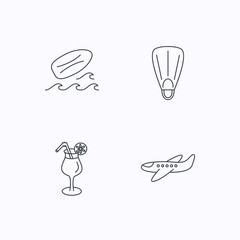 Surfboard, waves and cocktail icons.